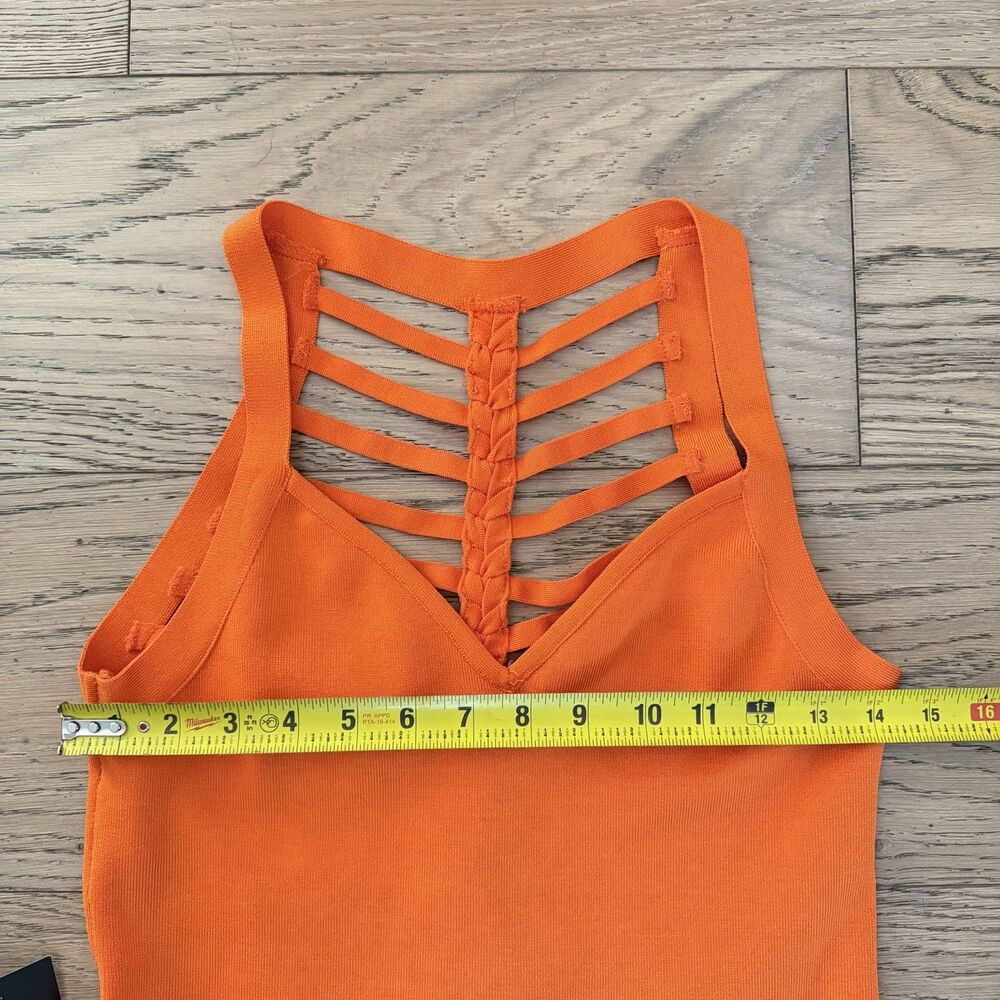 Bebe Brigit Braided Back Bandage Dress Neon Orange Strappy Bodycon L NWT - Picture 4 of 11